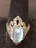 Oval Checkerboard Faceted 14x10mm Blue Topaz Marcasite Accented Vintage Sterling Silver Ring