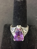 Large Pear Faceted 16x10mm Amethyst Antique Finished Sterling Silver Ring Band-Size 8