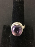 Bezel Set Oval Faceted 14x12mm Amethyst Sterling Silver Ring Band-Size 7.5