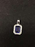 Stauer Designed Emerald Cut Faceted 7x5mm Created Blue Sapphire w/ Zircon Halo Sterling Silver