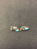Turquoise & Coral Cabochon Accented Old Pawn Native American Style 13mm Long Pair of Sterling Silver