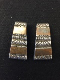 Decorated Two-Tone 25mm Long Trapezoid Shaped Pair of Sterling Silver Earrings