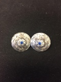 Mexican Made Round 18mm Filigree Engraved Pair of Sterling Silver Earrings w/ Blue Gem Center