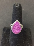New! Gorgeous Pear Shape Pink Fuchsia Titanium Druzy Sterling Silver Ring Band-Size 6.75 SRP $ 59