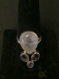 New! Gorgeous Designer Larger Pink Rose Quartz w/ Amethyst Accents Sterling Silver Ring Band-Size 9