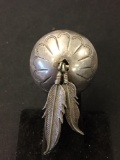 Old Pawn Native American Round 30mm Engraved Sterling Silver Ring Band w/ 42mm Long Feather