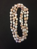 New! Beautiful 8.0mm Natural Shape Double Knot Opera Strand of Pink, Peach & White Freshwater Pearl