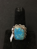Featured Rectangular 18x12mm Turquoise Cabochon Split Shank Sterling Silver Ring Band-Size 7