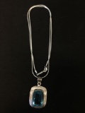 New! Amazing Larger Blue Topaz Faceted Textured Handmade Sterling Silver Pendant w/ 18