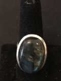New! AAA Quality Large Designer Blue Fire Labradorite Cabochon Wide Band Sterling Silver Ring