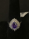 New! Gorgeous Faceted AAA Quality Amethyst w/ White Topaz Halo Sterling Silver Ring Band-Size 7.75