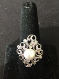 New! Gorgeous Larger Designer 9mm White Pearl w/ Pink Topaz Accent Sterling Silver Ring Band-Size