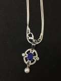 New! Beautiful Natural Faceted African Blue Sapphire w/ CZ Accents & 3mm White Pearl Drop 1.25