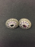 Oval Faceted Amethyst Center w/ Amethyst & Marcasite Double Halo 20mm Pair of Sterling Silver