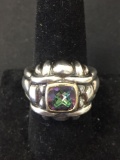 Cushion Checkerboard Faceted 9x9mm Mystic Topaz Center 19mm Wide Sterling Silver Modern Ring