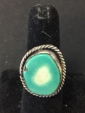 Rope Framed Large Turquoise Cabochon 25mm Long Sterling Silver Ring Band-Size 5.5