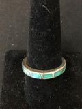 Multi Rectangular Turquoise Inlaid 4.0mm Wide Sterling Silver Eternity Ring Band-Size 9