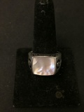 Square Cushion Shaped 15x15mm Mother of Pearl Inlaid Tribal Accented Sterling Silver Ring Band-Size