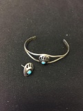 Old Pawn Native American Bear Claw Style Turquoise Accented Petite Sterling Silver Cuff Bracelet w/