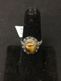 Filigree Framed 9x7mm Tiger's Eye Cabochon Sterling Silver Ring Band-Size 6.5