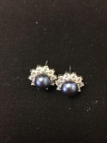 Round 7.0mm Black Pearl Round Faceted Zircon Halo Pair of Sterling Silver Stud Earrings