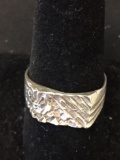 Textured & Hand-Carved 9.0 mm Wide Tapered Sterling Silver Ring Band-Size 9