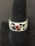 Round Faceted 4.0mm Created Ruby Center Open Pebble Design 10mm Wide Sterling Silver Ring Band-Size
