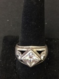 Princess Faceted 8x8mm Kite Set CZ w/ Round Side Accents 16mm Wide Tapered Sterling Silver Ring