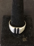 Twin Vertical Inlay Onyx 10mm Wide Tapered Groove Accented Sterling Silver Ring Band-Size 14.5