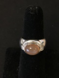 Horizontal Set 10x8mm Peach Cat's Eye Cabochon 12mm Wide Tapered Sterling Silver Ring Band-Size 5.5