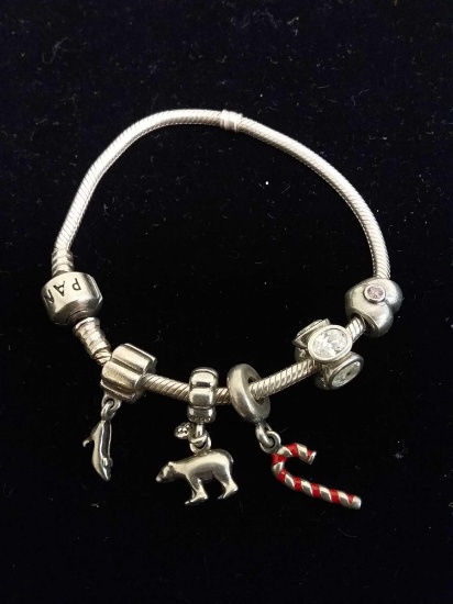 Pandora Designed 8" Long Snake Link Sterling Silver Bracelet w/ Five Designer Charms