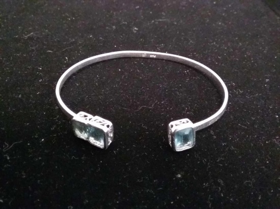 Filigree Design Three Rectangular Faceted Blue Topaz 3mm Wide Cuff Sterling Silver Bracelet