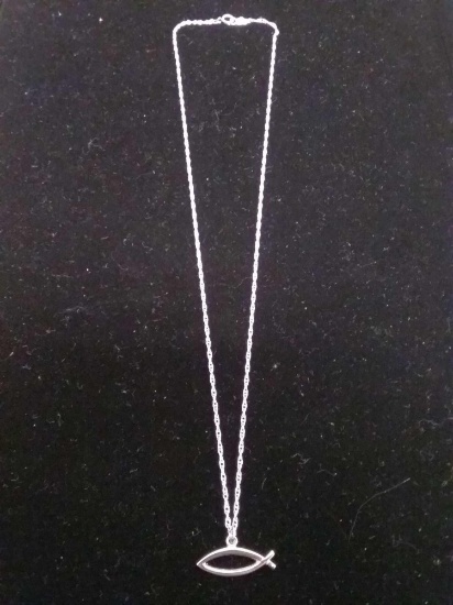 Ichthys Design 22x7mm Sterling Silver Pendant w/ 1.5mm Wide 18" Long Rope Chain