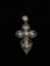 Round Faceted Zircon Accented Vintage 40x20mm Sterling Silver Cross Pendant