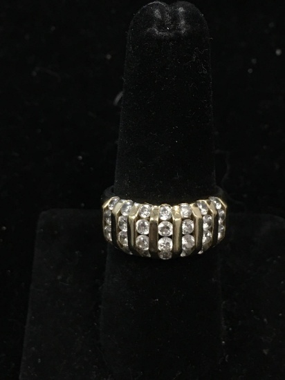 UTC Designed Seven Vertical Rows of Four Round Faceted Channel Set Zircon 9mm Wide 14kt Gold Ring