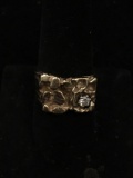 Handmade Nugget Design 13mm Tapered 14kt Gold Ring Band w/ 3mm Rd Diamond Accent - Size 9.5 - 9.5