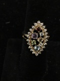 Marquise Shaped 25mm Long w/ Multi-Colored Round Faceted Gemstone Cluster Center Gold-Tone Sterling