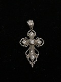 Round Faceted Zircon Accented Vintage 40x20mm Sterling Silver Cross Pendant