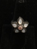 Thai Made 20mm Wide Floral Themed Sterling Silver Ring Band w/ Pink Mother of Pearl Center & White