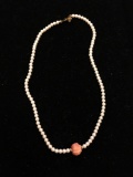 Asian Inspired 11mm Round Hand-Carved Pink Coral Bead w/ White Faux Pearl 16