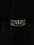 Bamboo Lattice Design 8mm Wide Tapered 10Kt Gold Ring Band w/ Three Round Faceted Blue & Red Gems -