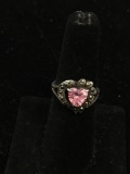 FAS Designed 8mm Heart Faceted Pink Topaz w/ Marcasite Crescent Floral Halo Sterling Silver Vintage