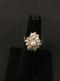 Round Faceted Zircon Tiered Cluster 20mm Long Sterling Silver Ring Band-Size 6