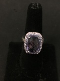 Checkerboard Cushion Faceted 14x11mm Amethyst Center AU Designed Sterling Silver Halo Style Ring