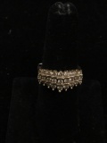 Three Tiered Rows of Channel Set Round Faceted Diamonds 10mm Wide Tapered 14K Gold Ring Band Sz 6