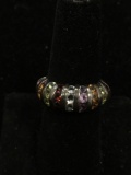 Vertical Graduating Rows of Multi-Colored Gemstones Thai Made 9m Wide Tapered Sterling Silver Ring