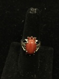 Oval 14x10mm Orange Jasper Cabochon w/ Garnet Sides Asian Inspired Sterling Silver Ring Band-Size 7