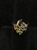 Six Multi-Colored Pear Faceted Staggered Gemstones 17mm Wide Gold-Tone Sterling Silver Bypass Ring