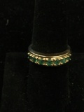 Seven 3mm Round Emerald Gemstones 5mm Wide Tapered Gold-Tone Sterling Silver Ring Band-Size 7