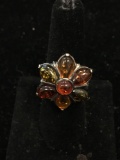 Polish Made V-8 Design Floral Motif Multi-Colored Amber Cabochon Gems 25mm Wide Sterling Silver Ring